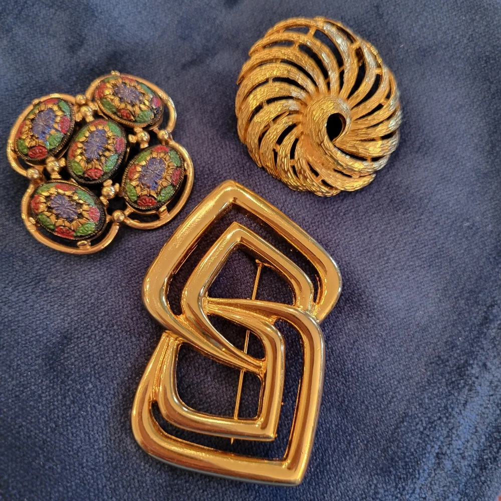 Trio of Brooches ~ Vintage ~ Sarah Coventry ~ Napier ~ Mosaic ~ Gold-Tone ~ Nice